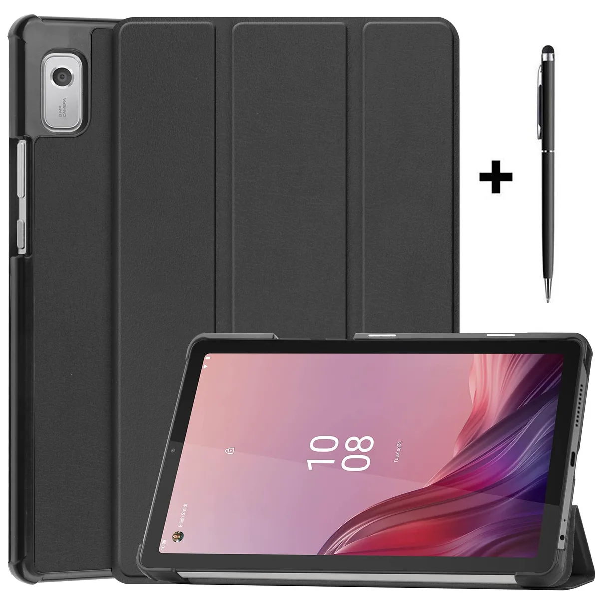 Black hard-shell case with flip cover and stylus pen