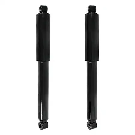 Two silver rear shock absorbers with black dust boots and mounting hardware, new condition