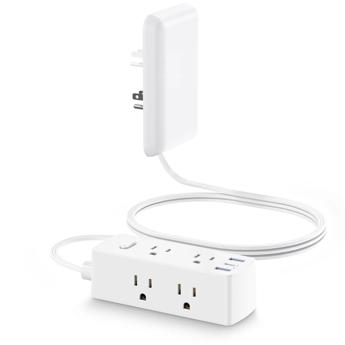 White flat power strip with six outlets and three USB ports, thin plug and five-foot cord