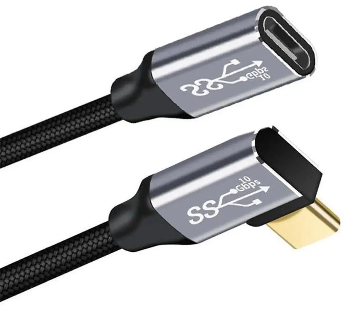 Black USB-C extension cable with angled connectors and woven sleeve