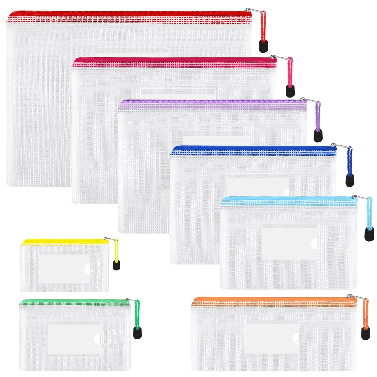 Set of eight translucent PVC zipper pouches in assorted colours, mesh texture visible, beige zipper pulls
