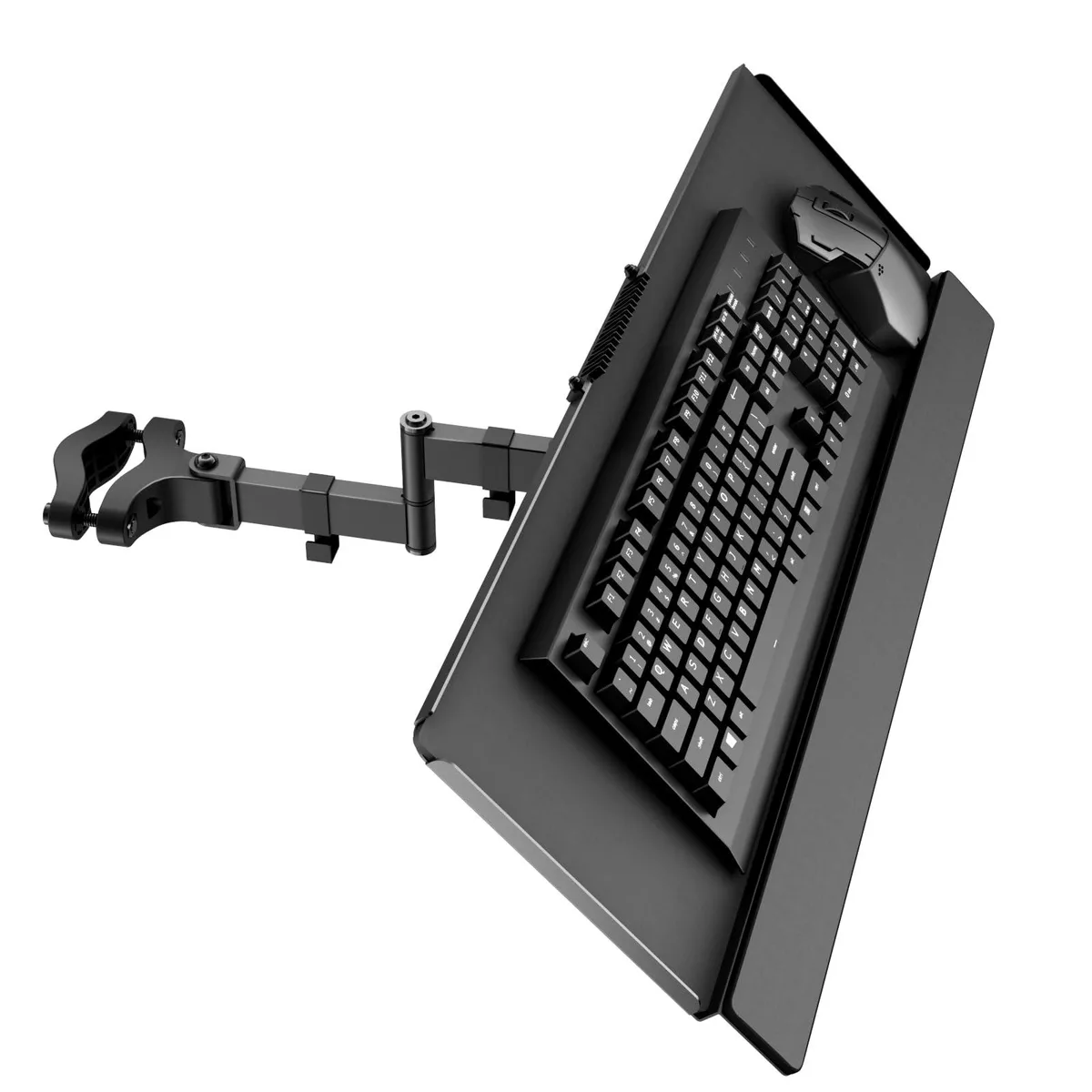 Black steel pole-mount keyboard tray with articulating arms, raised edges and wrist pad