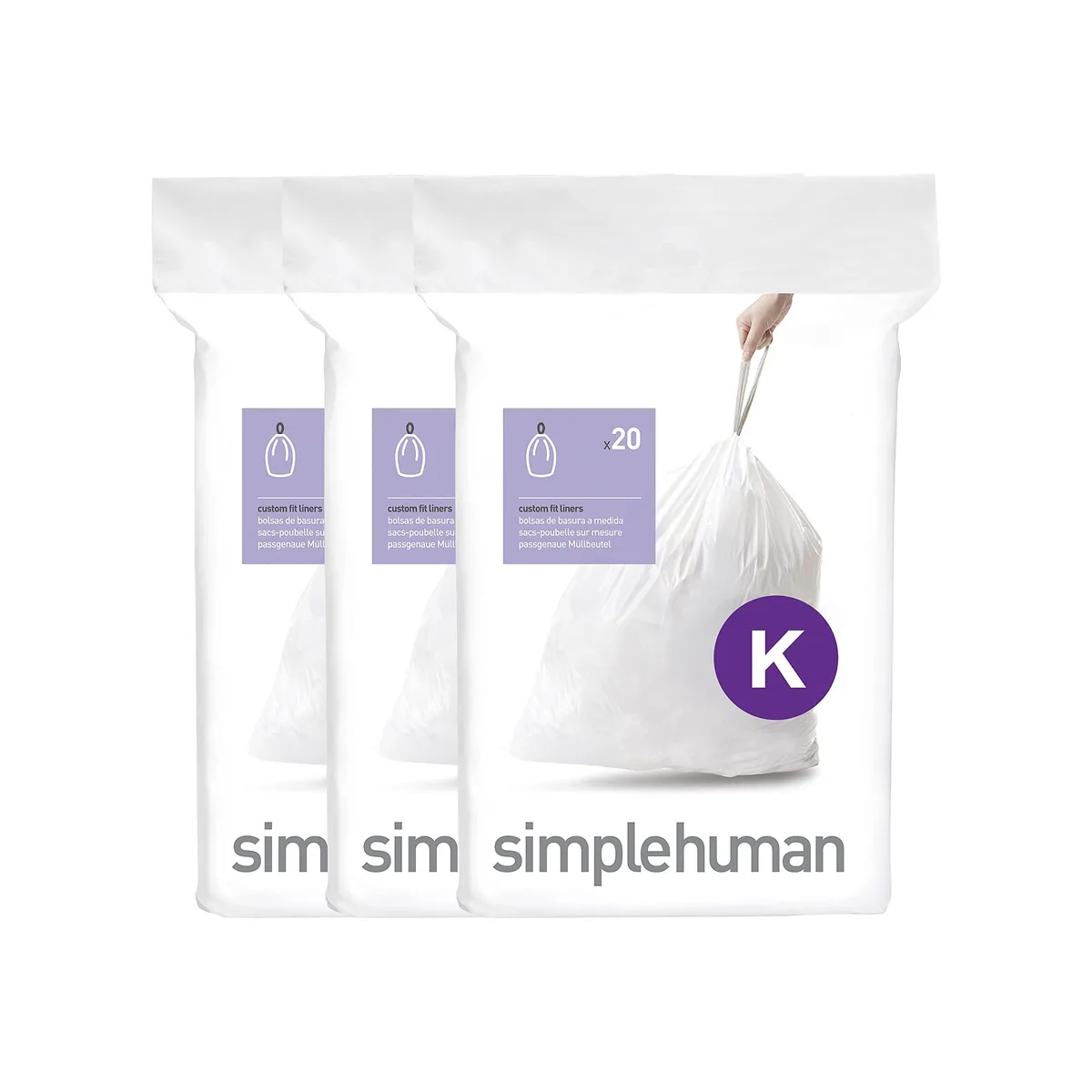 A white roll of 60 custom-fit 40-litre drawstring bin liners in a quick-dispense pack