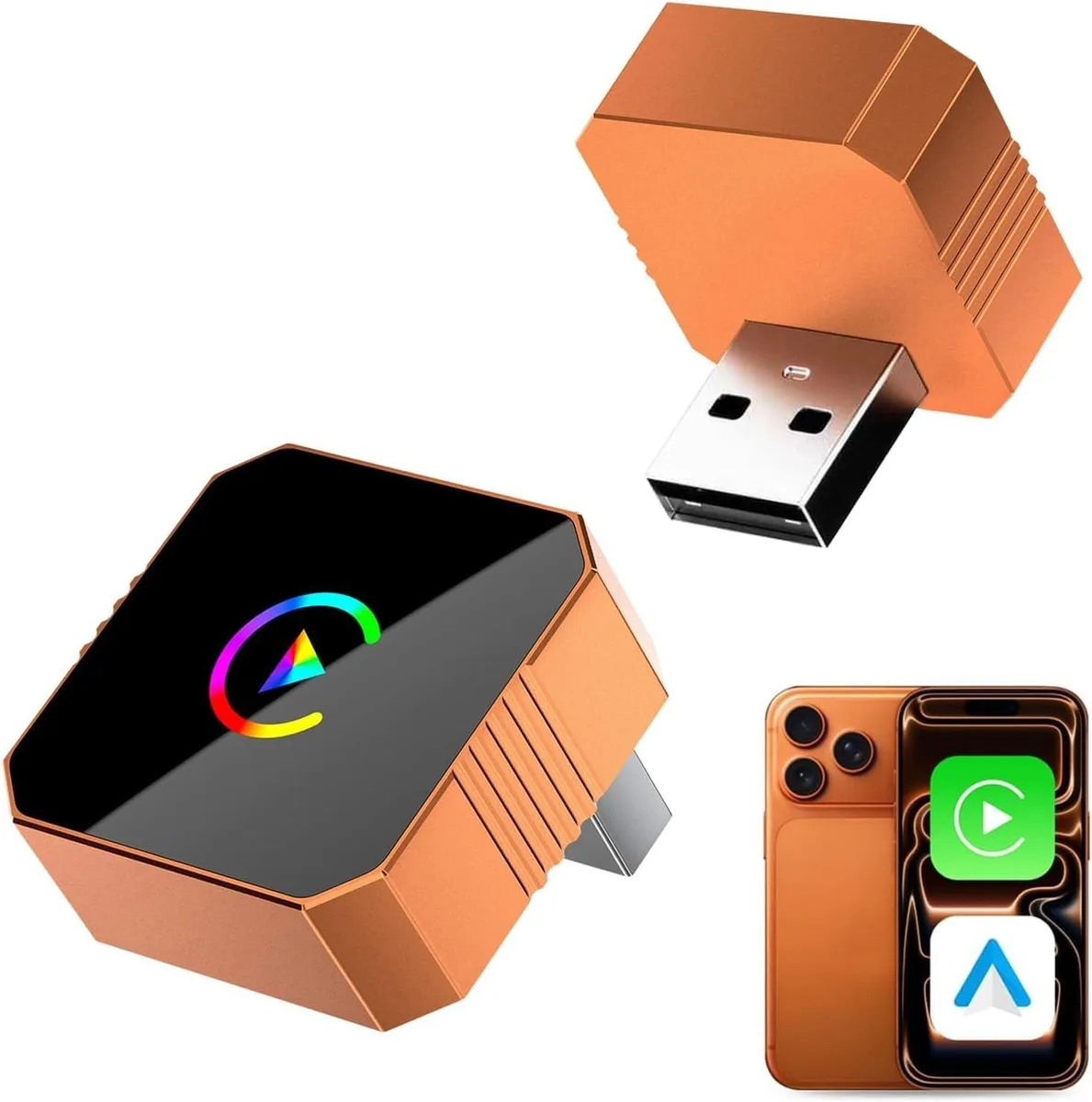 Small black wireless CarPlay adapter with USB plug