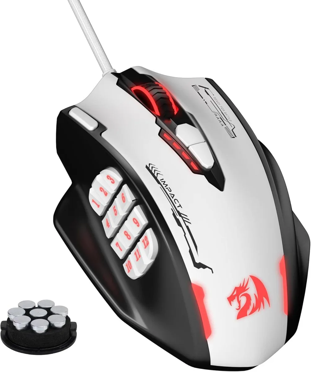Redragon Redragon M908 Impact RGB MMO Gaming Mouse, 18 Programmable Buttons, 24000 DPI, Black &amp; White — product photo