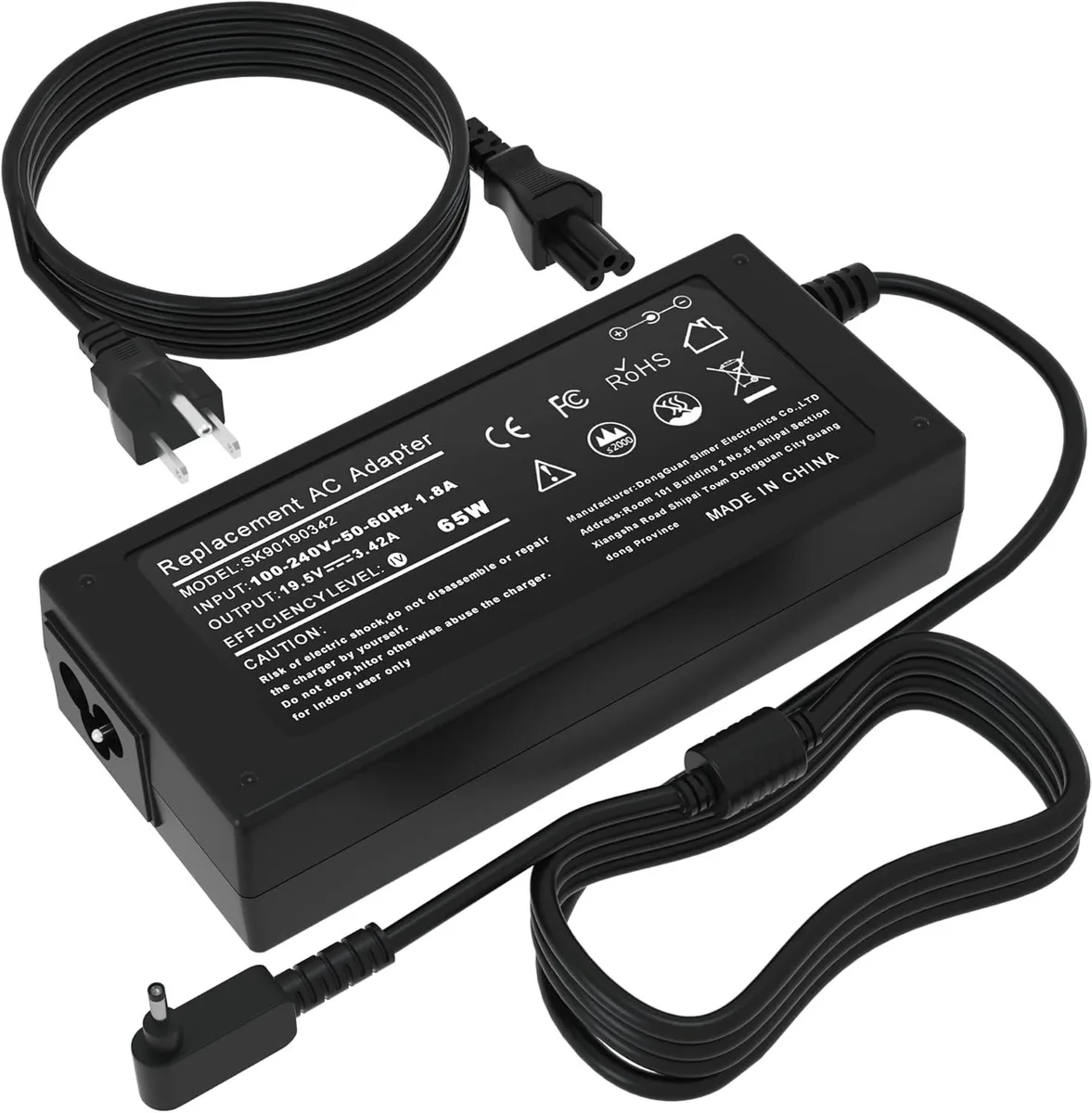 Compact black AC adapter brick with 3.0 by 1.1 mm barrel connector and detachable mains lead