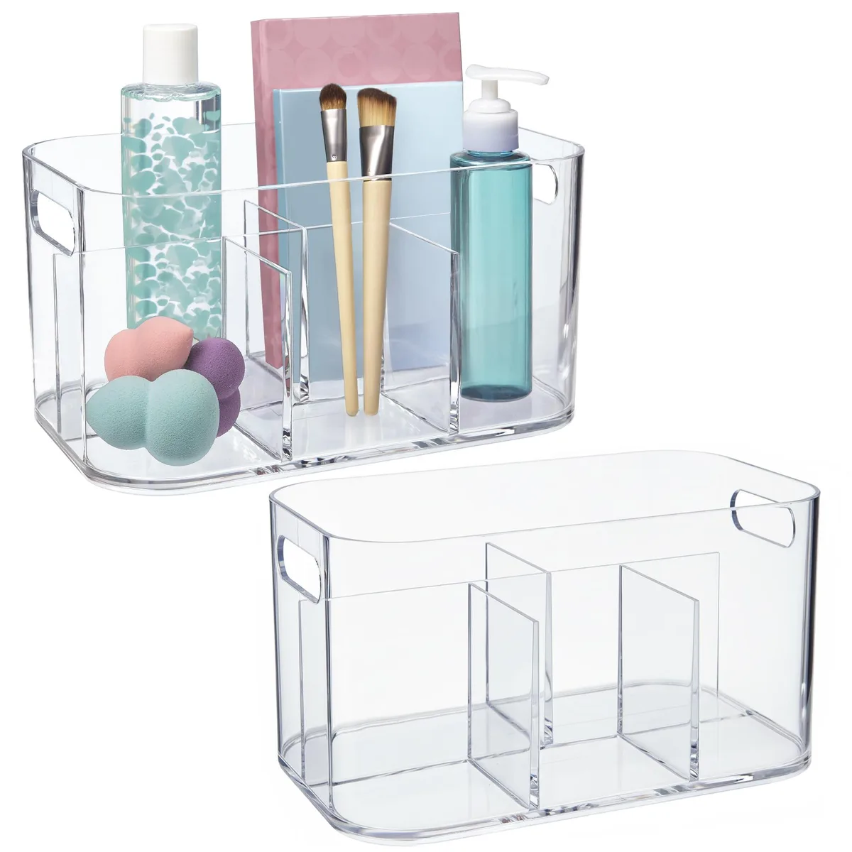 Two clear rectangular plastic bins with five compartments each and pass-through handles