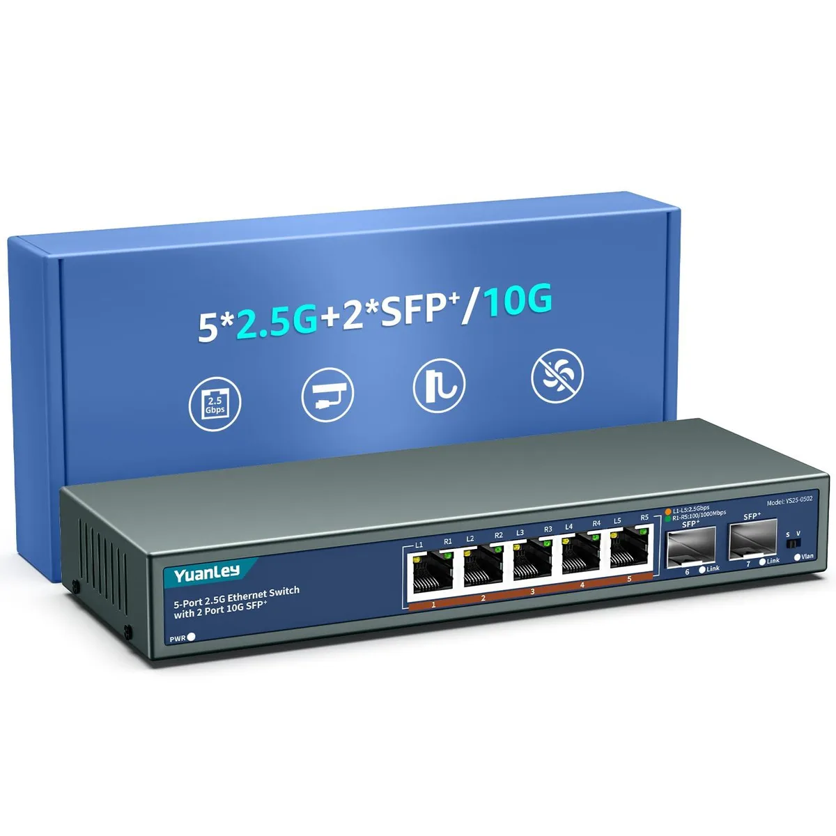 NETGEAR ProSafe YS25-0502-JP 7-port 2.5G unmanaged switch 5×2.5G RJ45 2×10G SFP 65Gbps — product photo