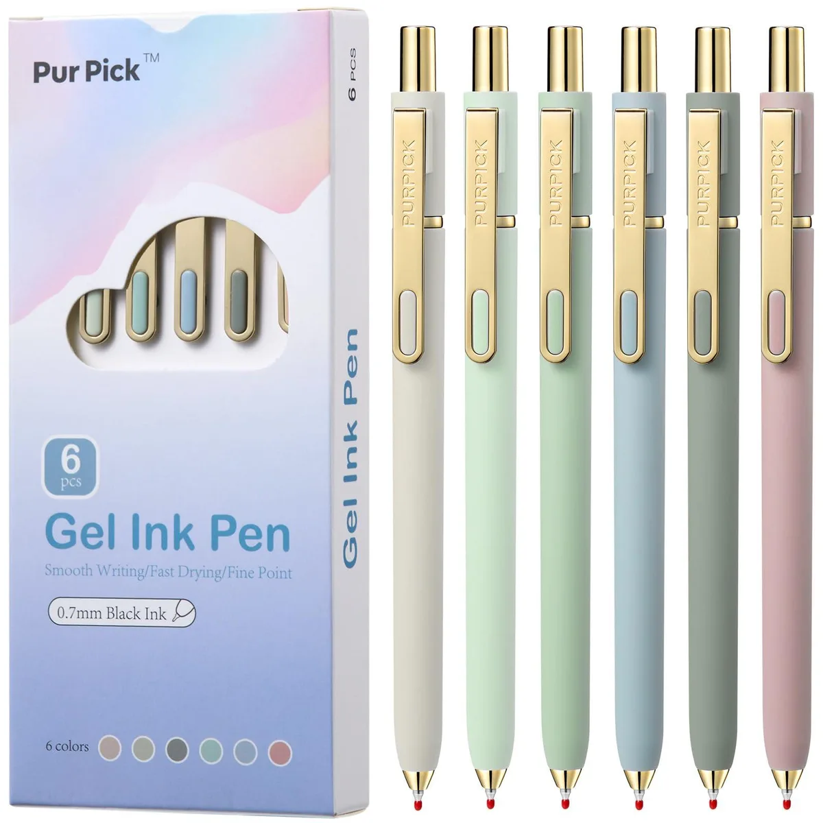 Six retractable gel pens in soft Morandi colours with gold accents, 0.7 mm fine point
