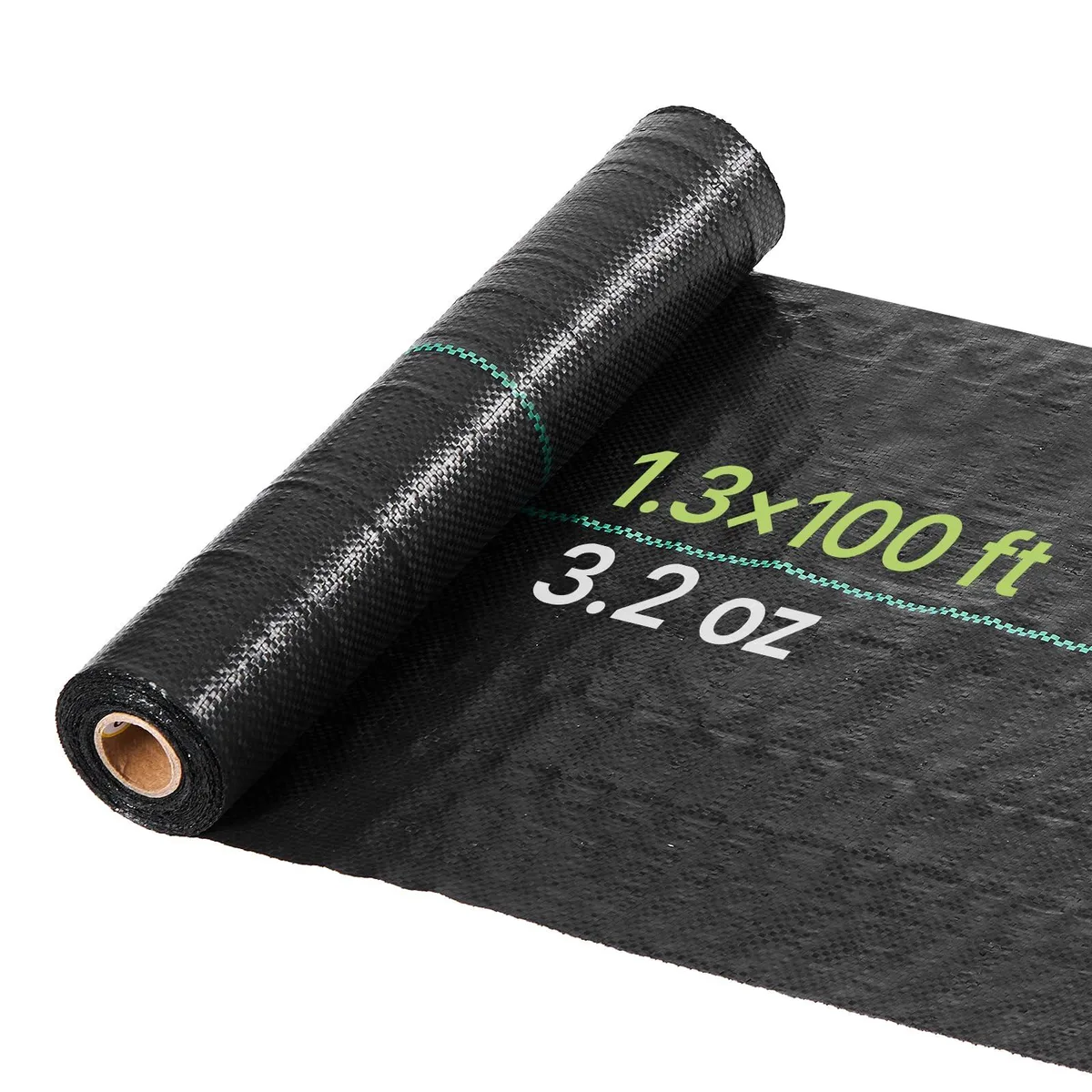Black woven polypropylene weed barrier fabric roll with green alignment lines