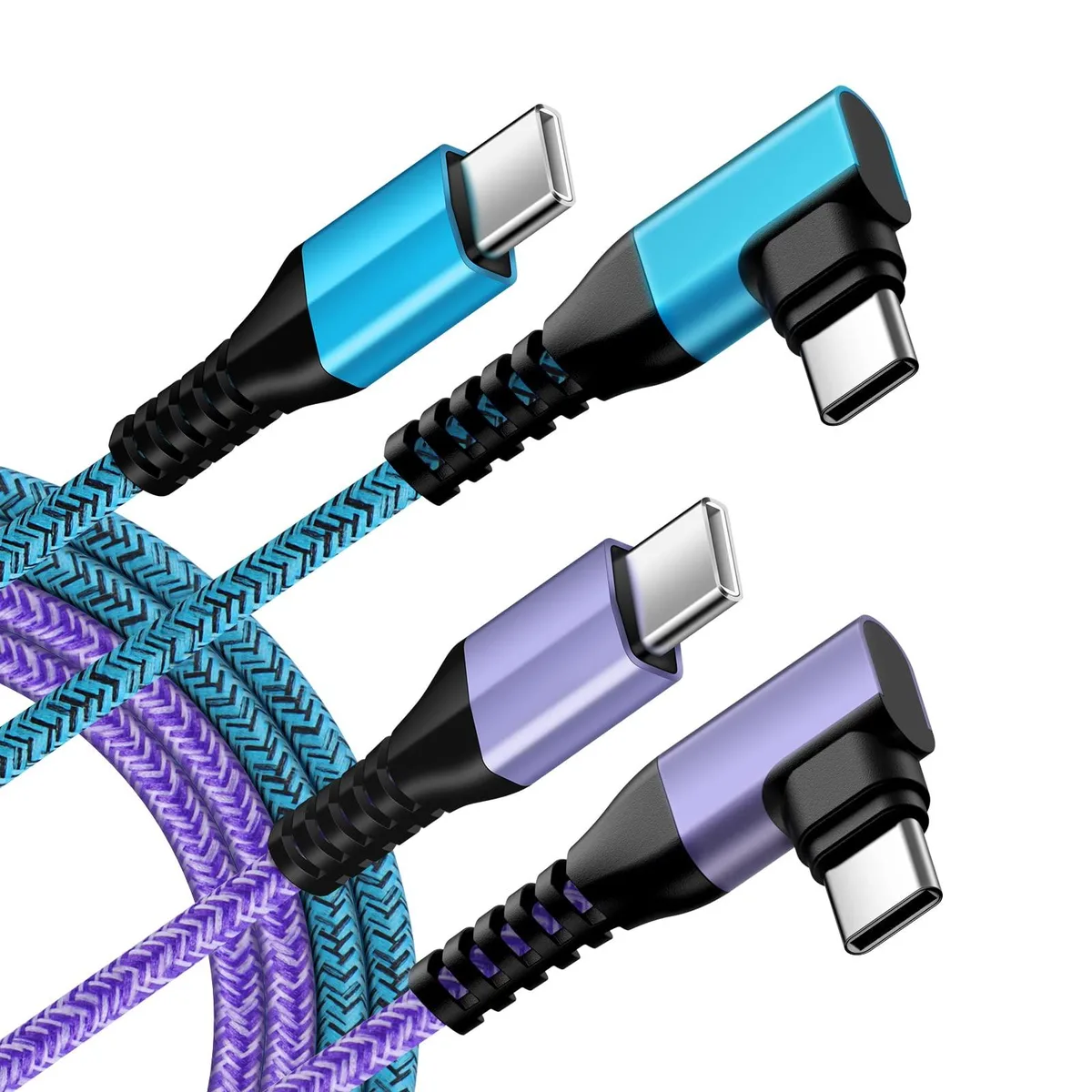 Six-foot USB-C to USB-C cable with right-angle connectors, nylon braided finish