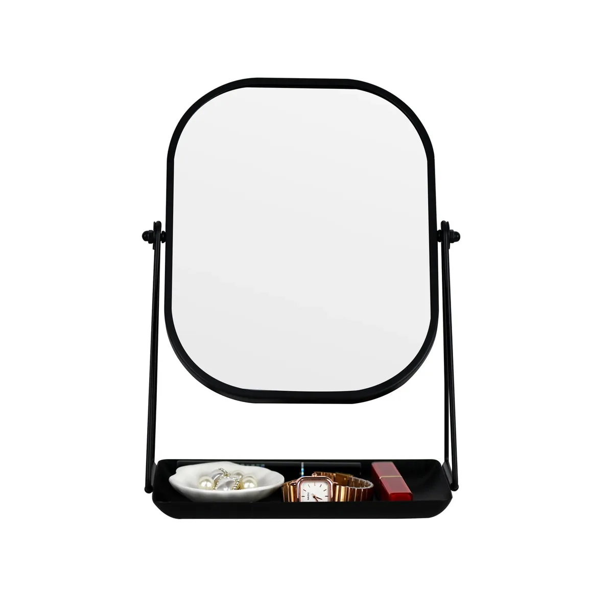 Round metal mirror on a storage base, silver polished finish, 12 by 8.5 inches