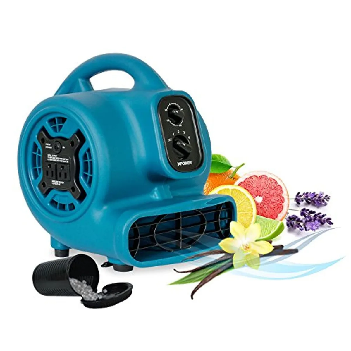 Blue compact air mover with timer and power outlets