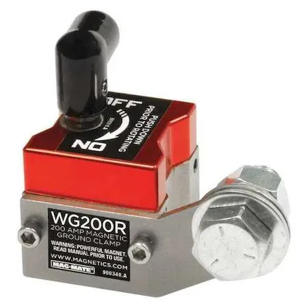 Compact steel magnetic welding ground clamp with on/off switch and bolt cable connection