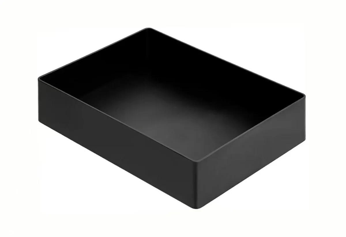 Black rectangular plastic desk organizer with storage trays and pen holder, 9.4 by 6.7 by 2 inches