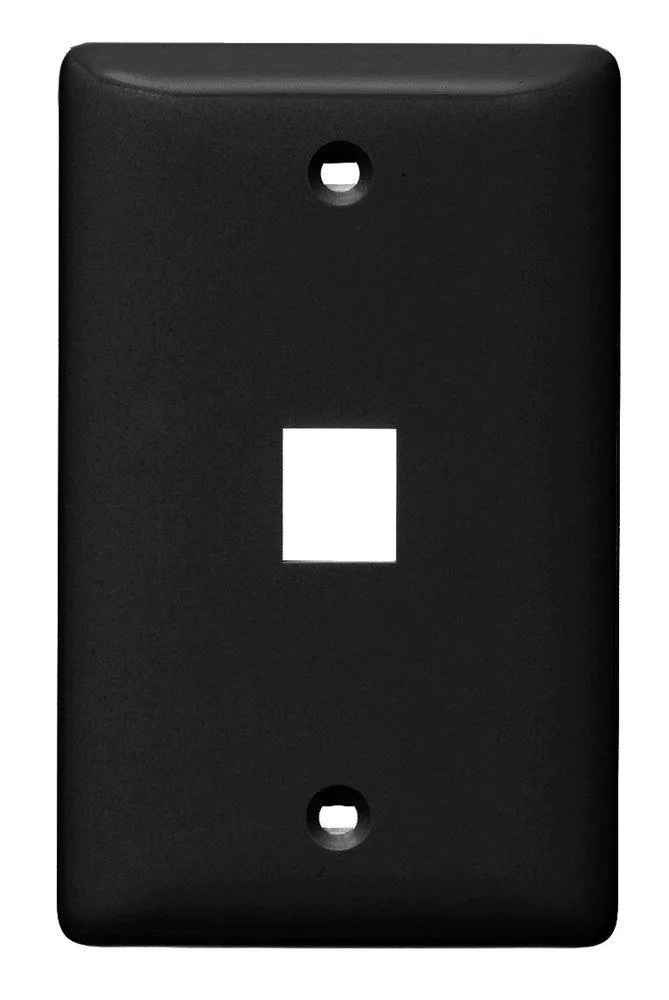 Black single-gang wall plate with one rear-loading port, smooth matte finish