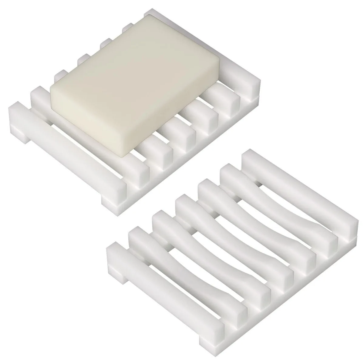 Two white rectangular silicone soap dishes with slotted drainage, 10.8 by 8 by 2.2 cm