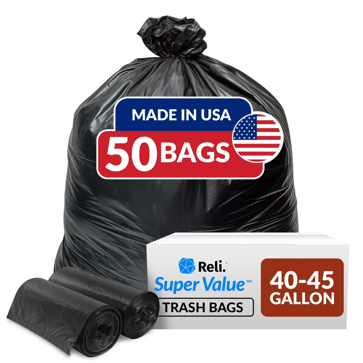 A closed cardboard box containing 50 black 45-gallon trash bags on two rolls