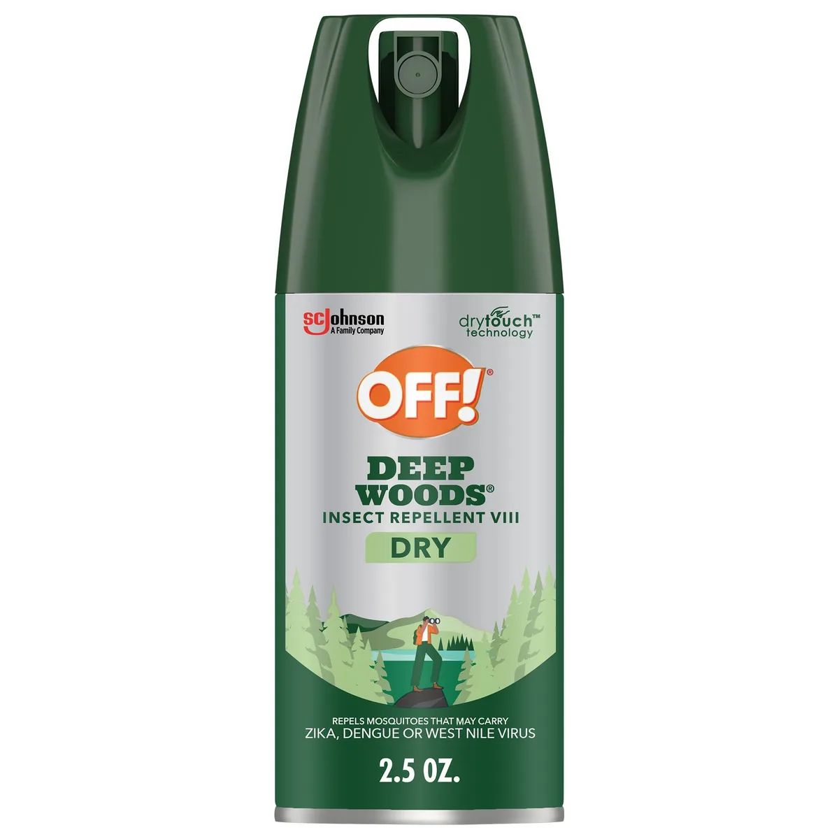 Small silver aerosol can with OFF! Deep Woods Dry label, 2.5 oz