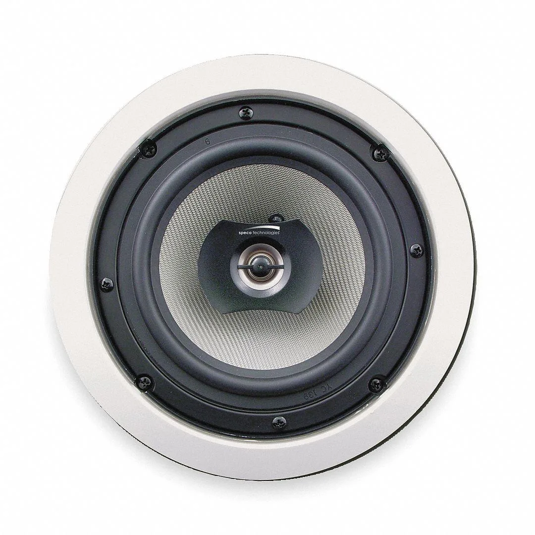 Pair of white round in-ceiling speakers with grilles