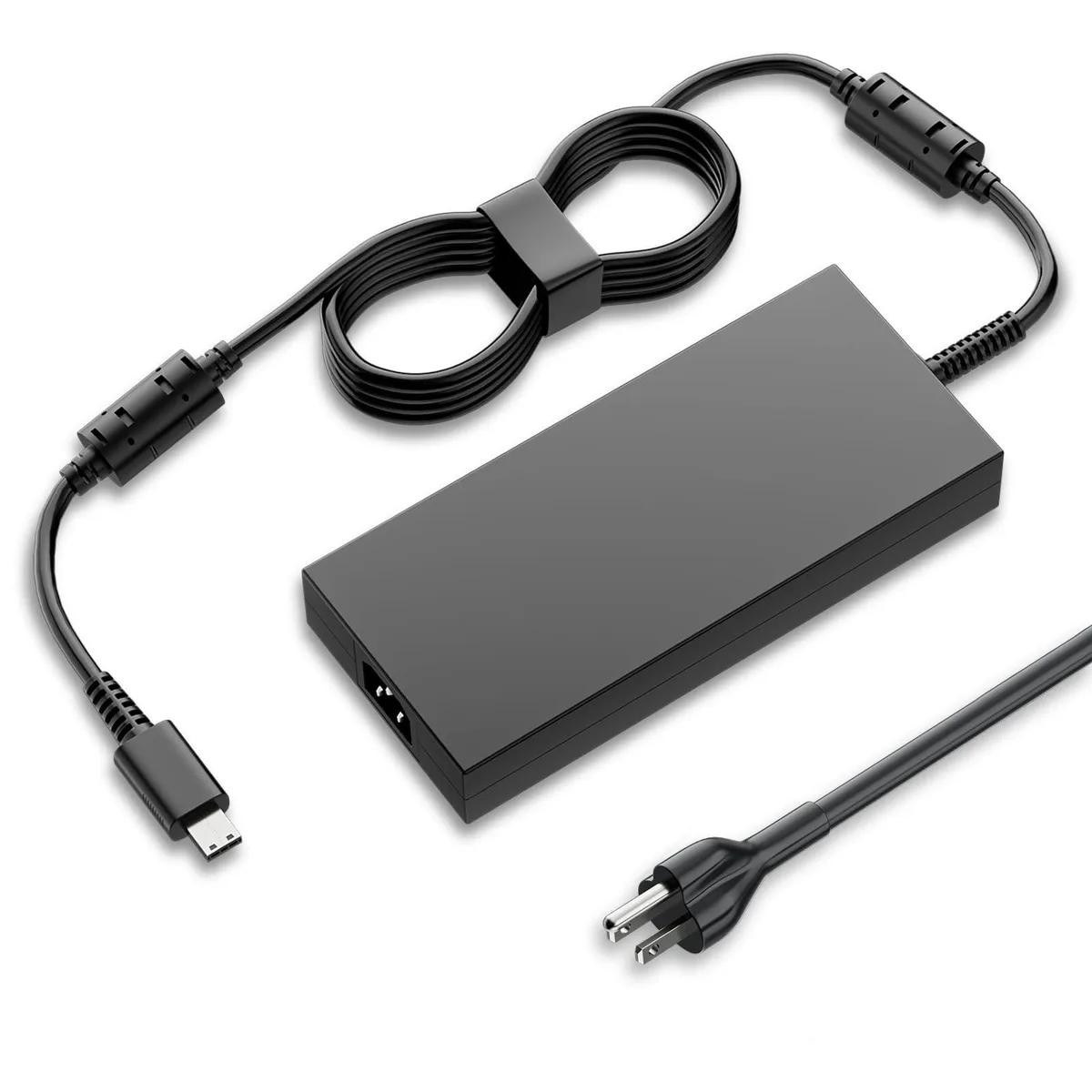 Black rectangular power brick with USB square tip connector and three-pin mains lead