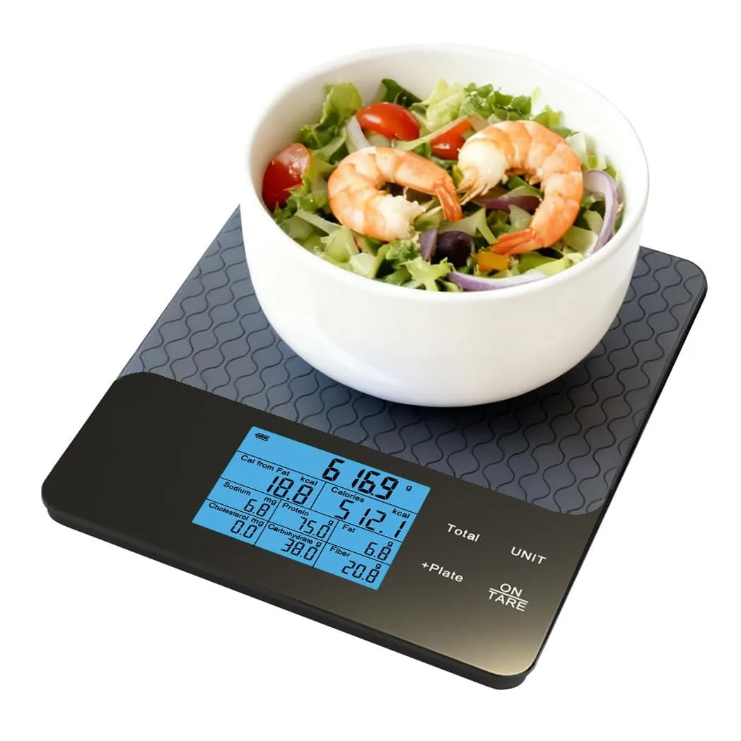 Black rectangular countertop scale with digital display and app connectivity