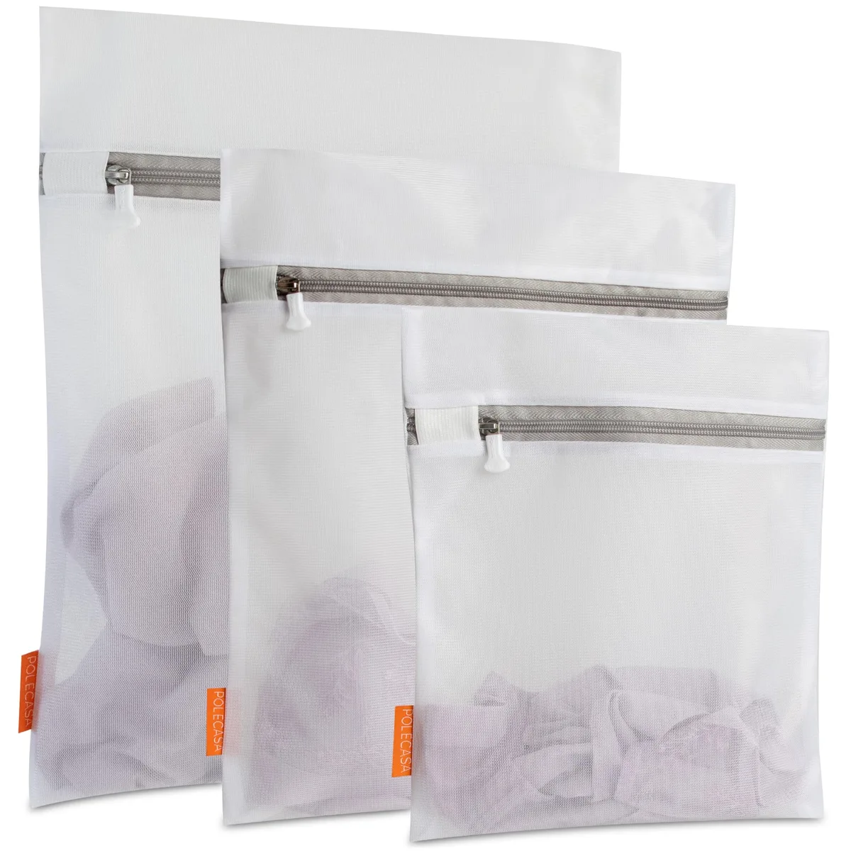 Three fine mesh laundry bags in large, medium, small sizes with auto-lock zippers