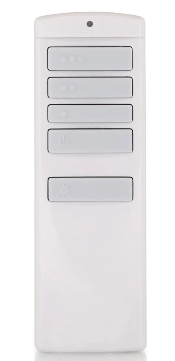 Black rectangular ceiling fan remote with speed and light buttons, wall mount bracket included