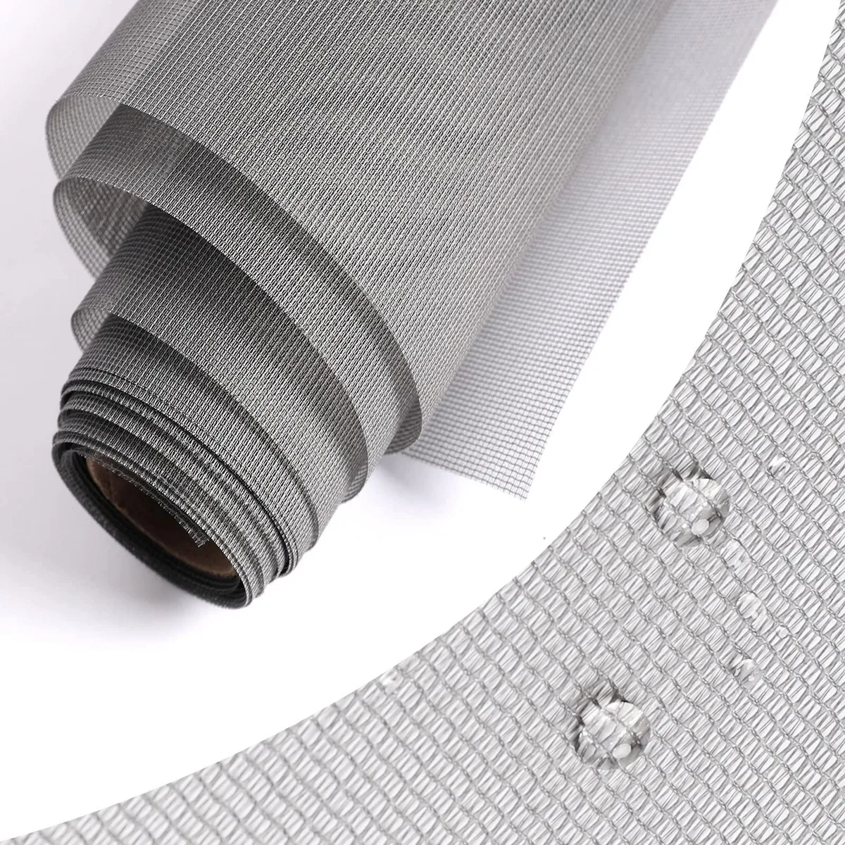 Gray rectangular mesh screen folded flat, fine weave visible, 37 by 99 inches