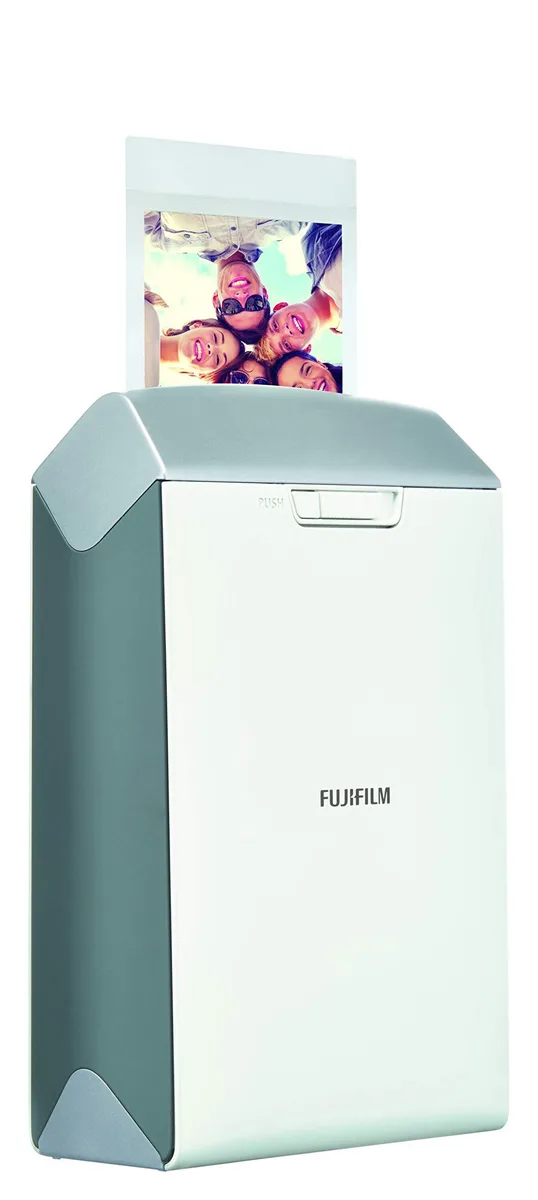 Compact rectangular portable photo printer with matte silver finish and rounded edges