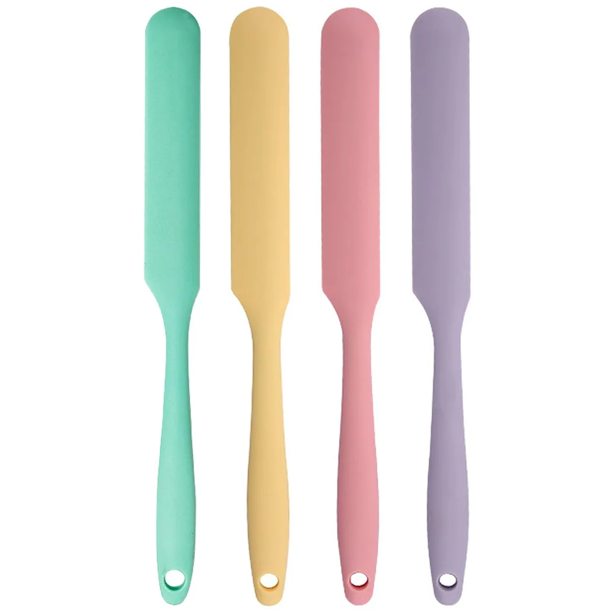 Four slim silicone jar spatulas with bamboo handles in green yellow pink purple 9.5inch