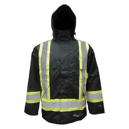 Black flame resistant rain jacket with detachable hood and reflective chest straps