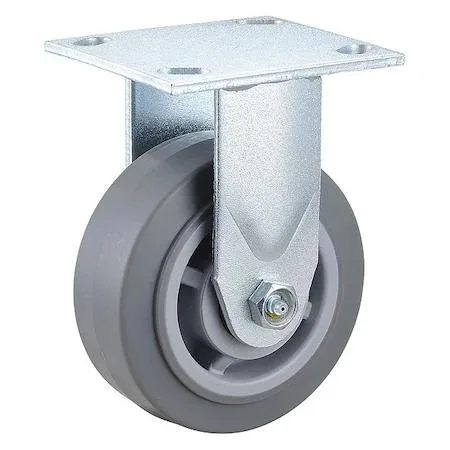 Rigid plate caster with black rubber wheel on metal bracket