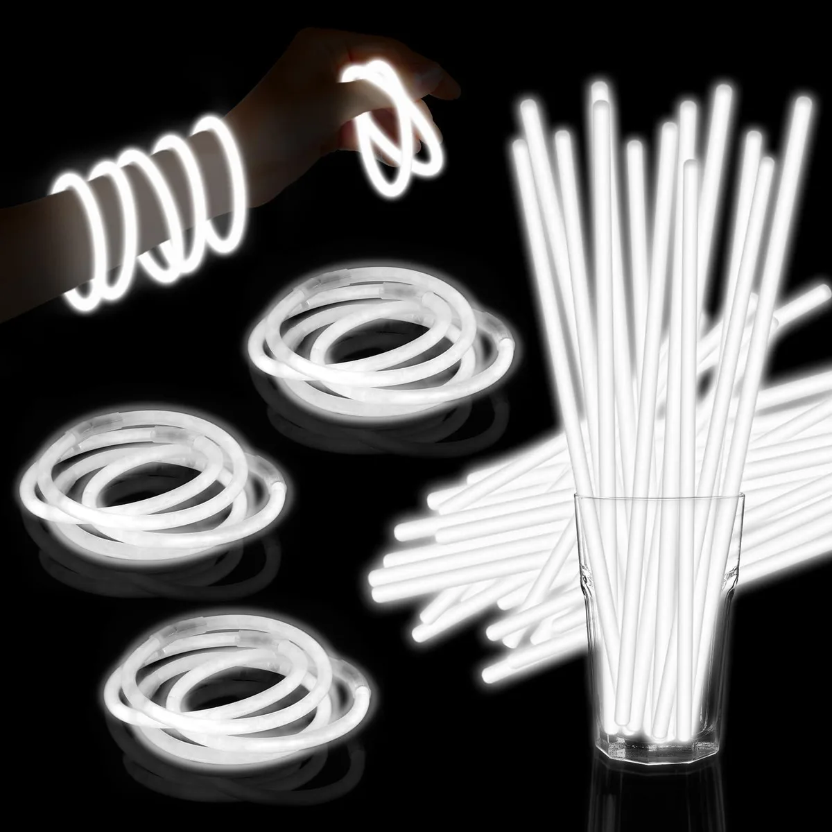Box of 60 white glow sticks with connectors, 8 inches long
