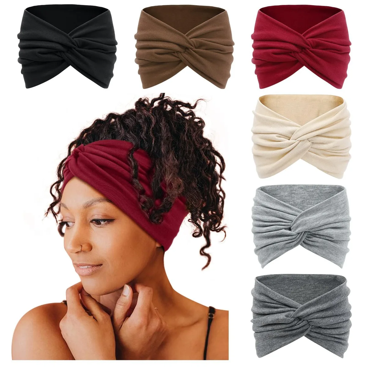 Six wide turban headbands, knotted front, soft polyester fabric