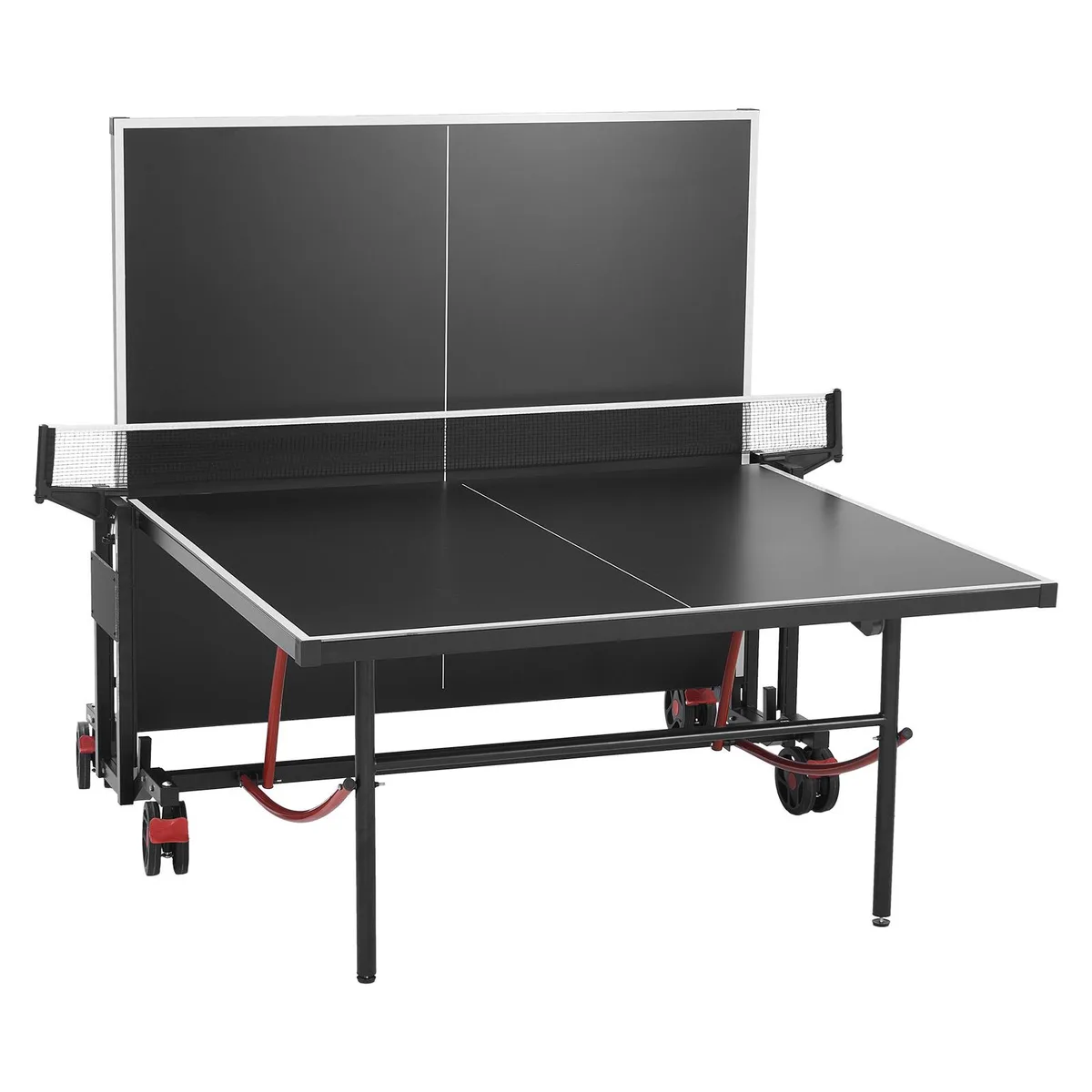 Blue aluminium ping pong table folded on lockable wheels
