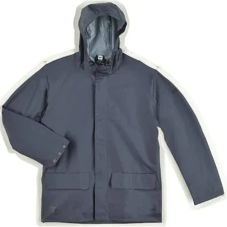 Navy blue PVC polyester rain jacket size S with attached hood and snap front closure