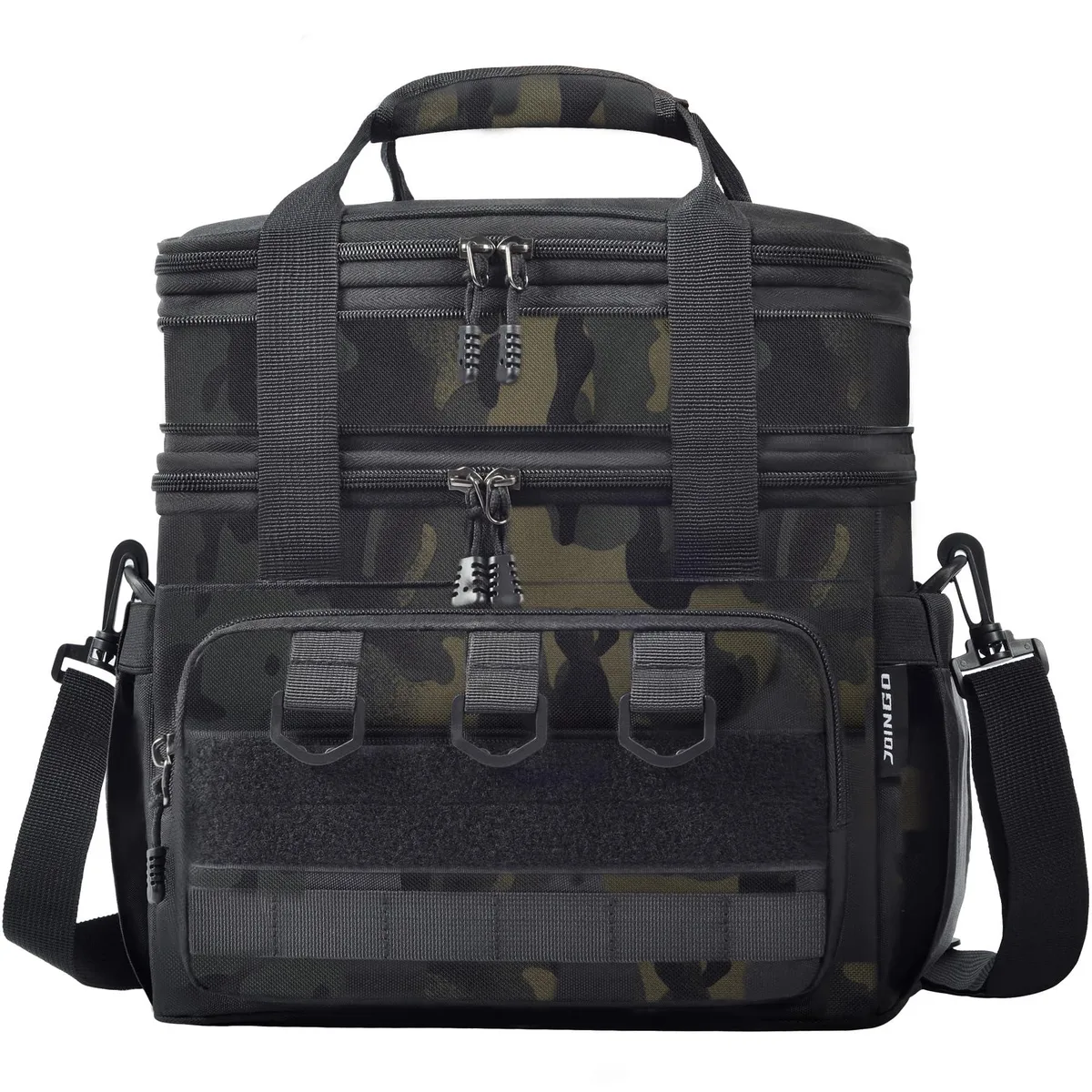 Camo-patterned 16L expandable cooler bag with adjustable shoulder strap and multiple exterior pockets
