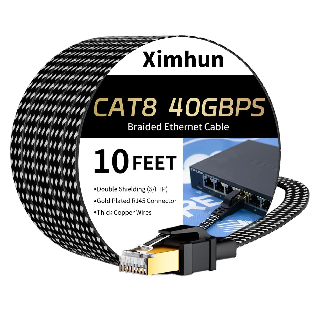 Ximhun Cat 8 Ethernet Cable 10 FT Braided Black — product photo