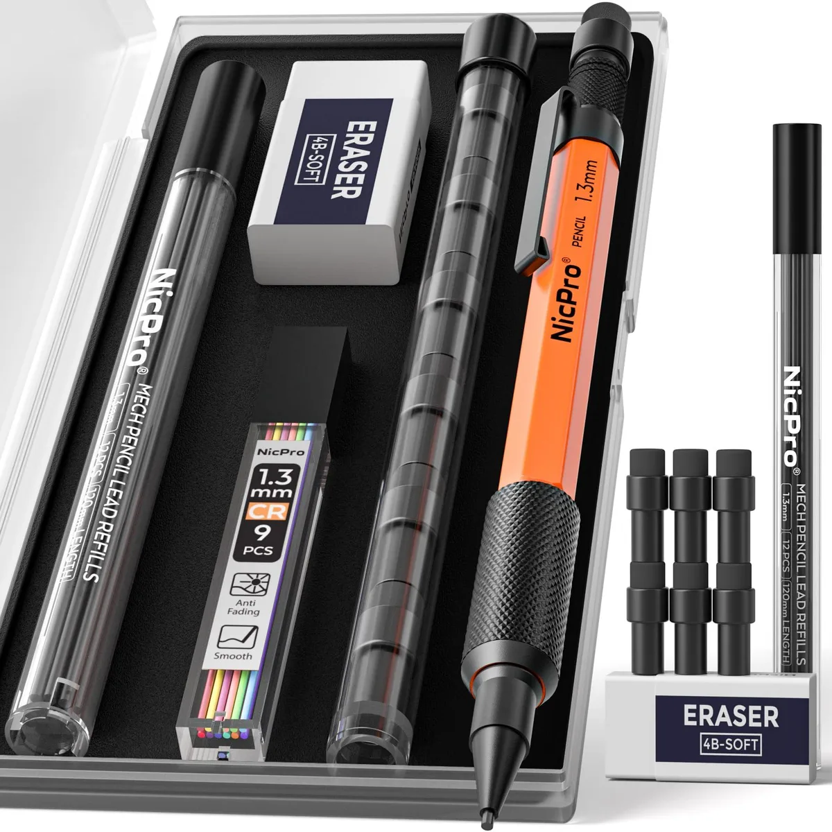 Blue mechanical pencil set in case with orange pencil, eraser, and lead refills