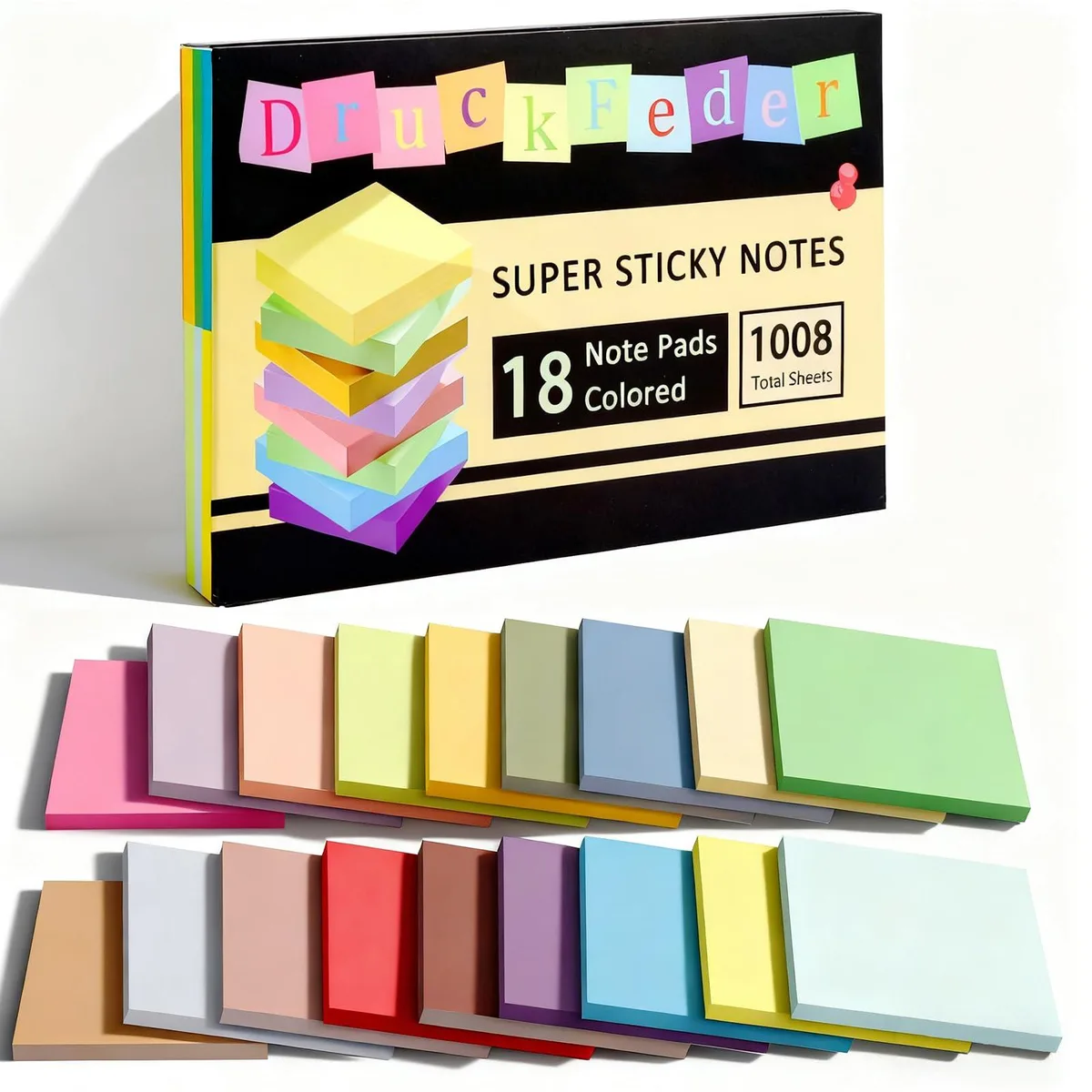  DruckFeder Sticky Notes 18 pads Neon 3x3 inch 1008 sheets — product photo