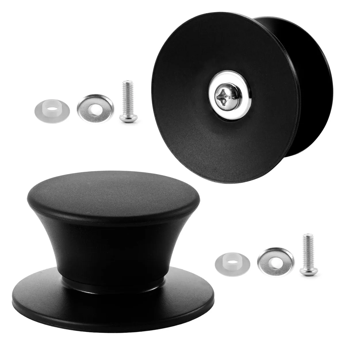 Two black silicone pot lid knobs with textured grip and metal hardware