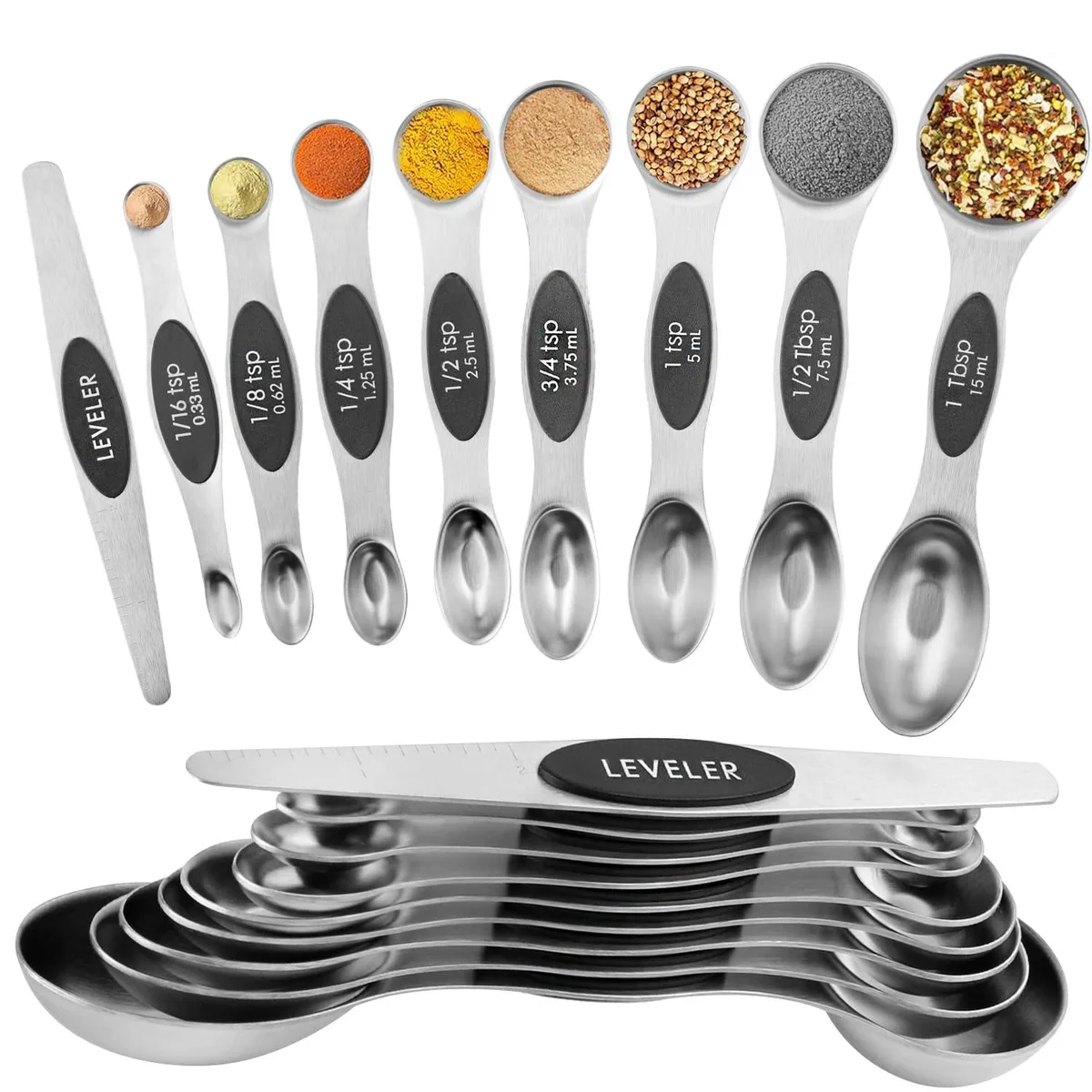 Black stainless steel magnetic measuring spoons set with dual oval and round ends, stacked together with a flat leveler
