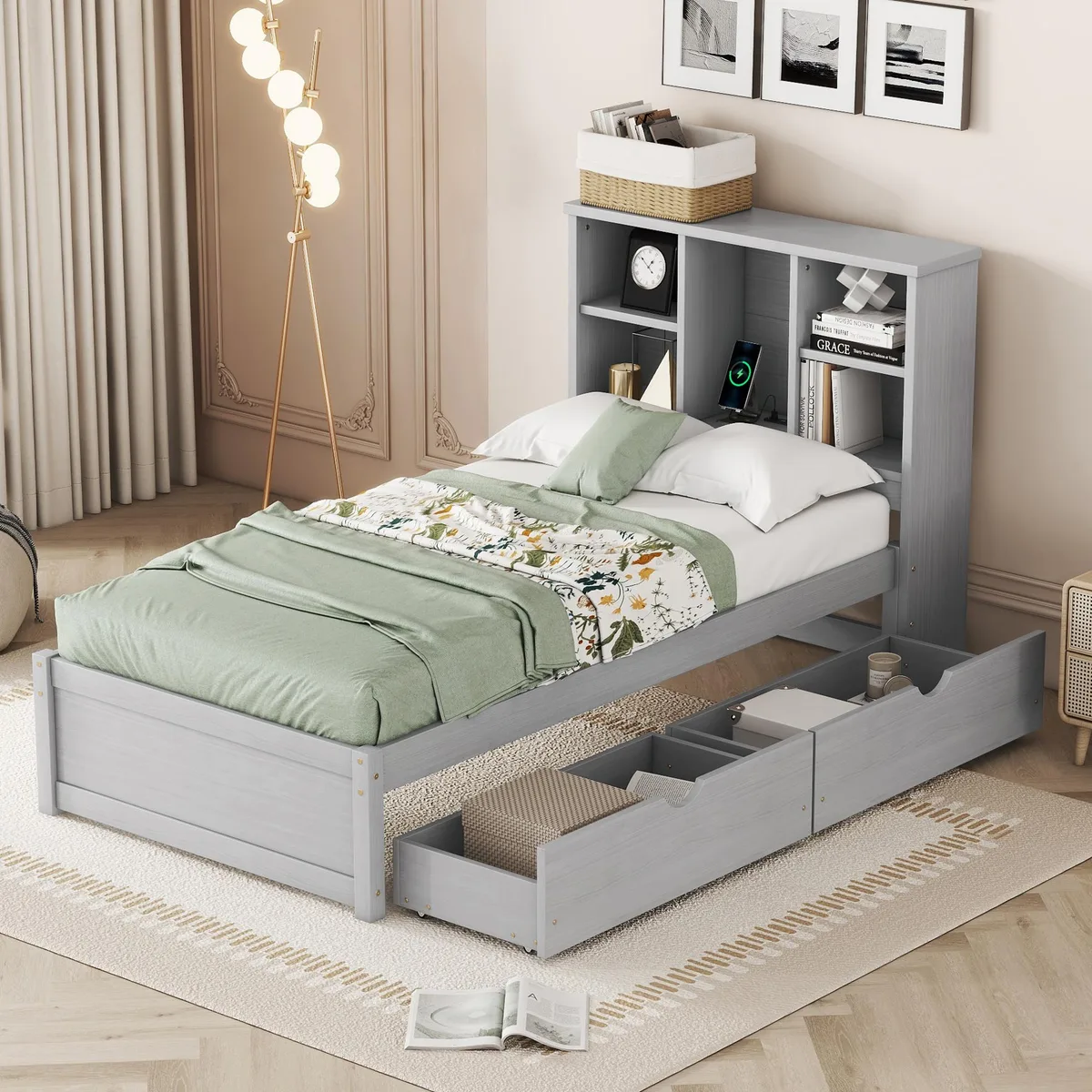 Grey twin bed frame with bookcase headboard, USB port, two under-bed drawers