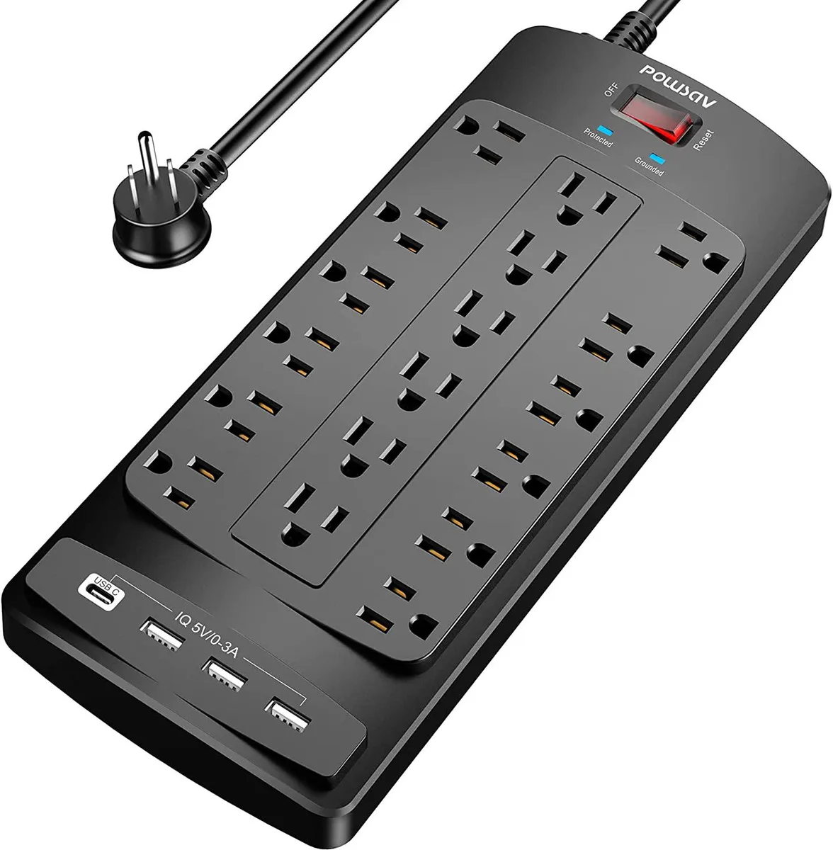 Black power strip with 18 outlets and 4 USB ports, 8ft flat plug cord