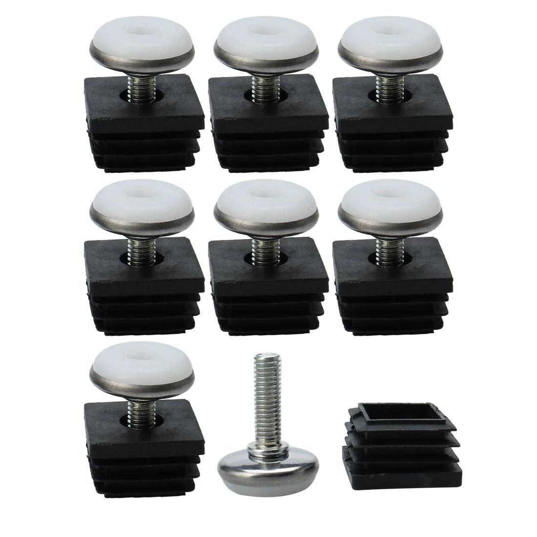 Eight sets of black plastic tube inserts with threaded adjustable feet for 25mm square tubing