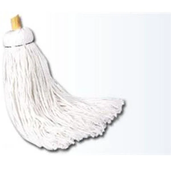 Six white cotton deck mops with 48-inch wooden handles