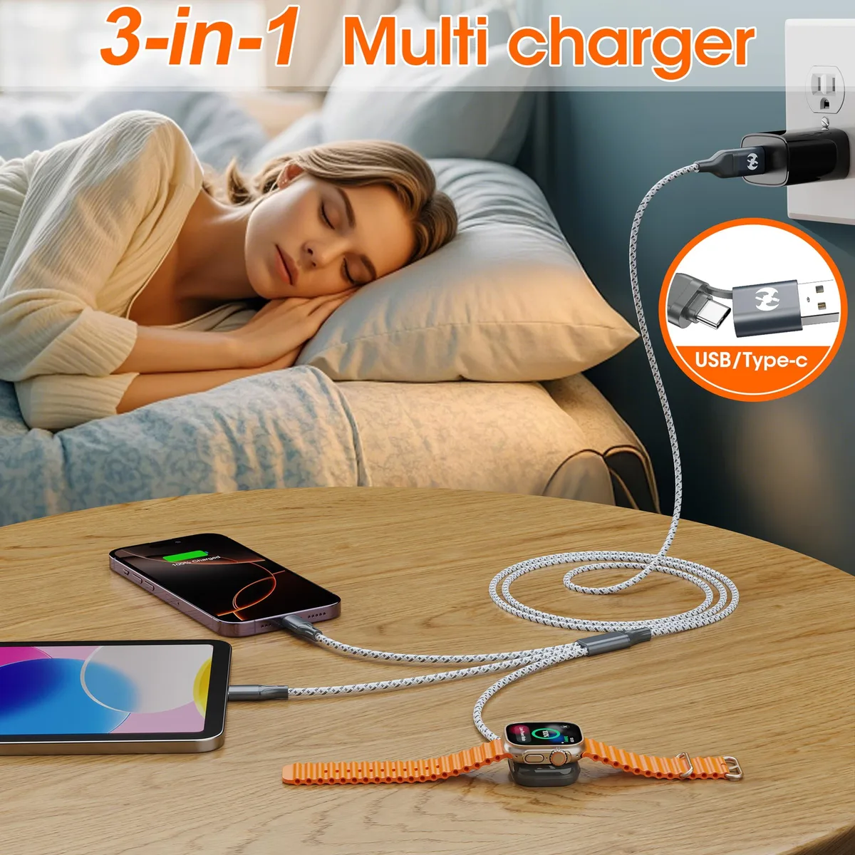 Grey braided 4-foot multi charging cable with USB-A and USB-C ends plus magnetic Apple Watch connector