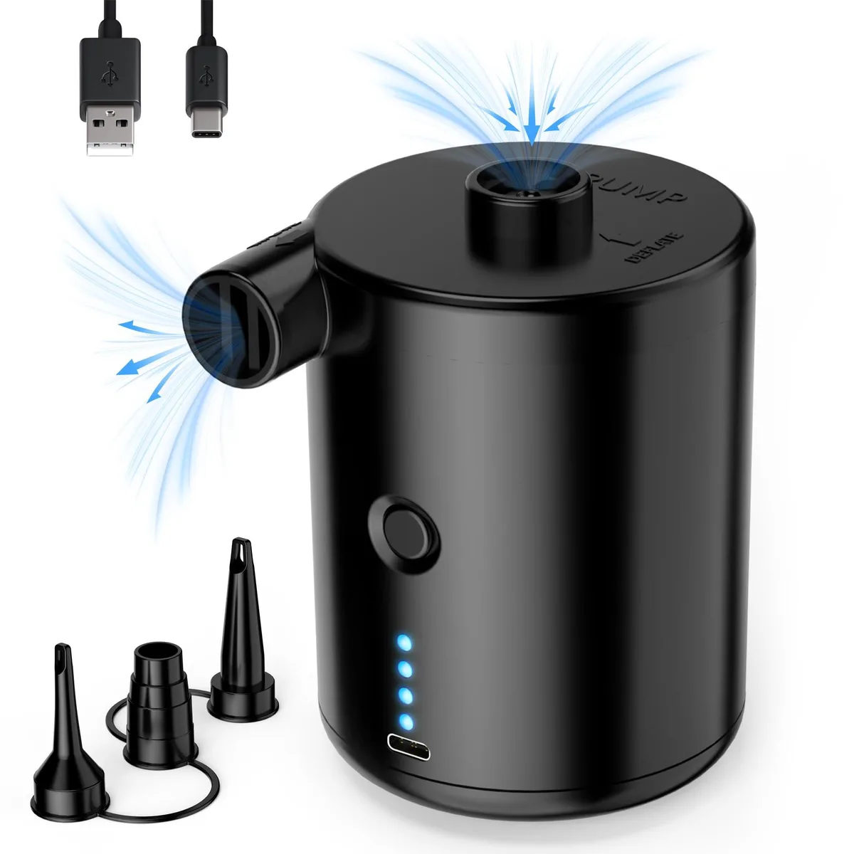 Black rechargeable air pump, palm-sized plastic housing with four nozzles, twelve units in pack