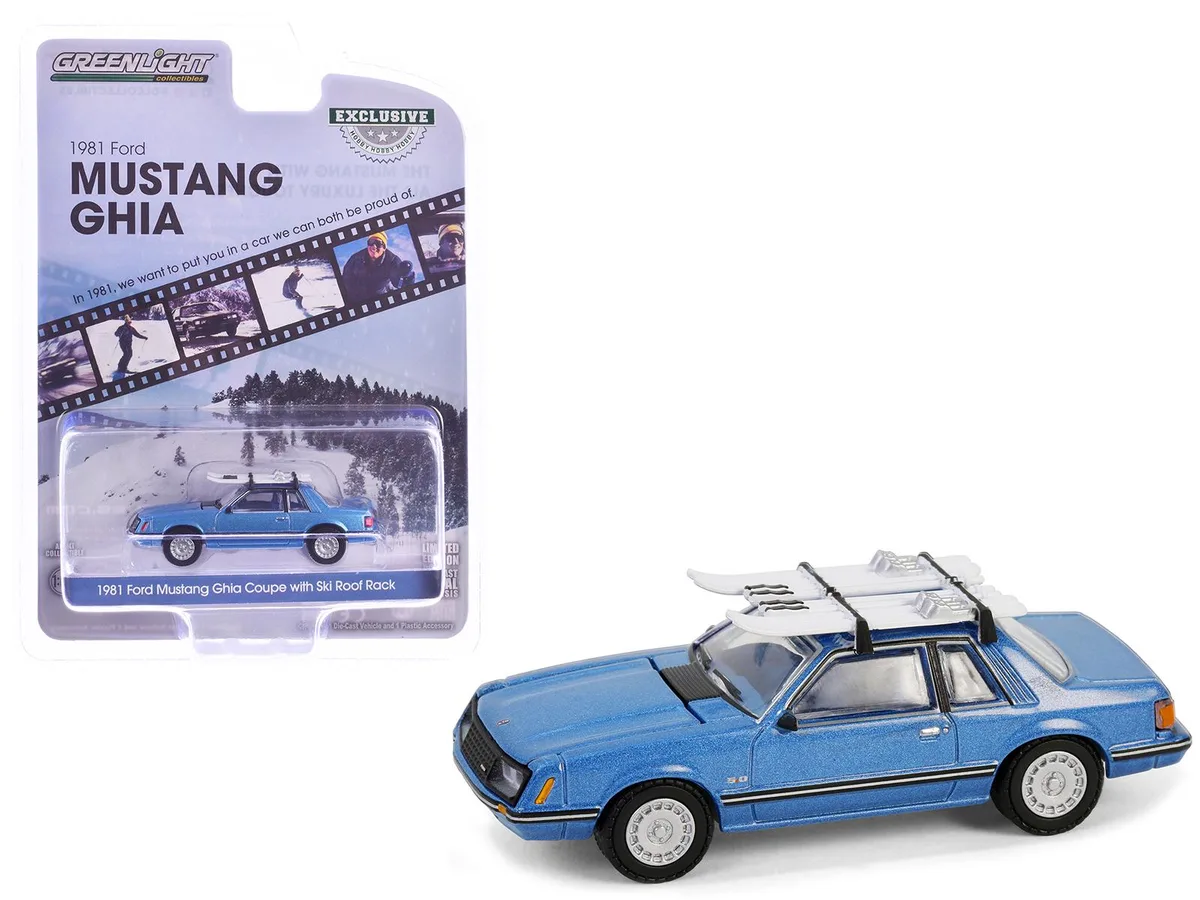 GREENLIGHT GREENLIGHT 1981 Ford Mustang Ghia Coupe Blue Glow Metallic Ski Roof Rack 1/64 — product photo